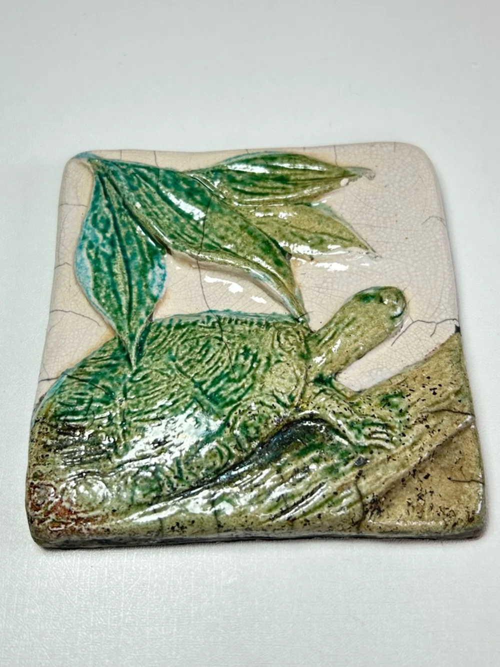 Artisan Signed Nancy Cannon Green Turtle Ceramic Raku Tile Decor 4x4